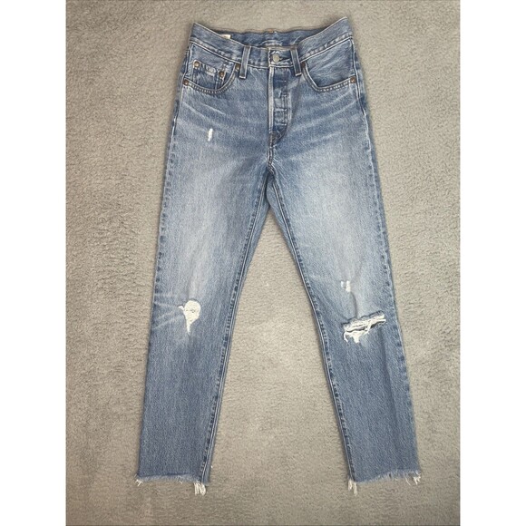 Levis 501 Premium Jeans Womens 25x30 Blue Distressed Button Fly Raw Hem Big E - Picture 1 of 9